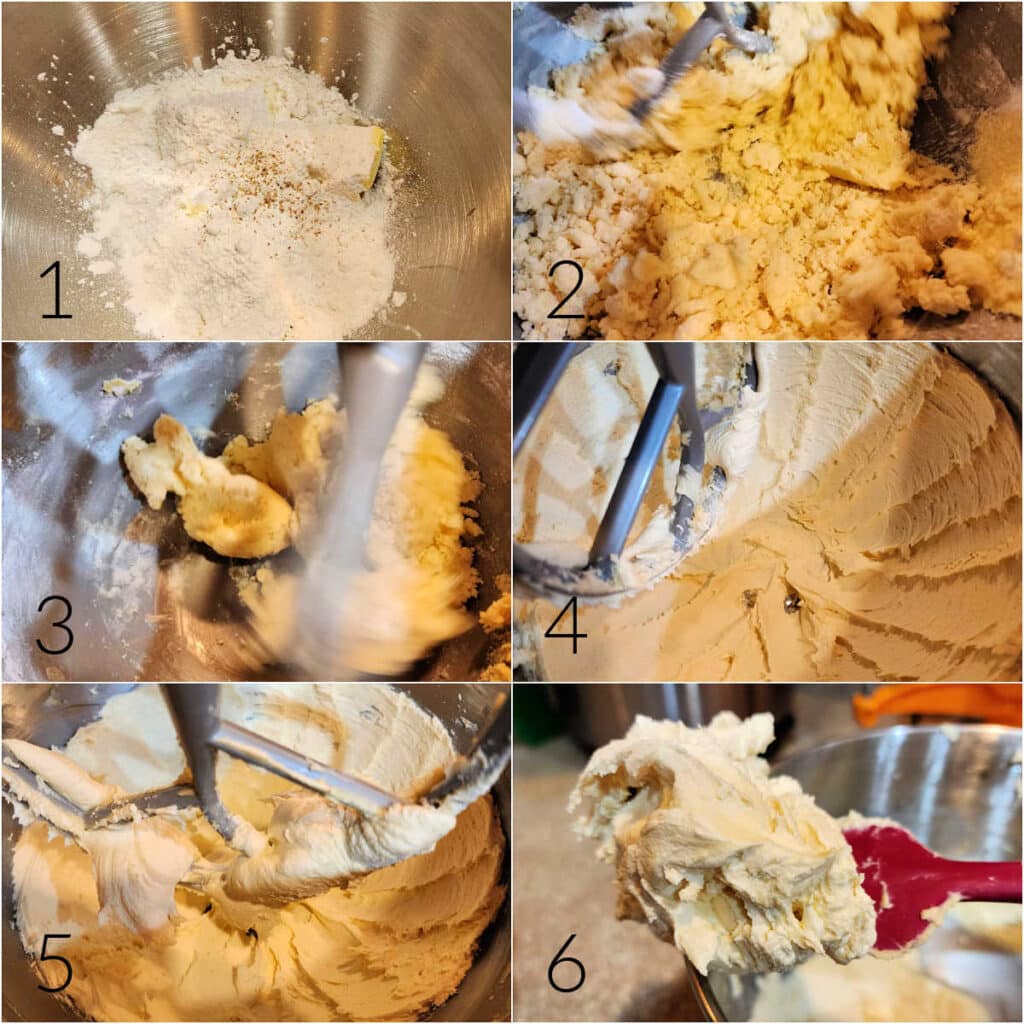 A collage of 6 images showing how to whip the cookie dough for whipped shortbread.