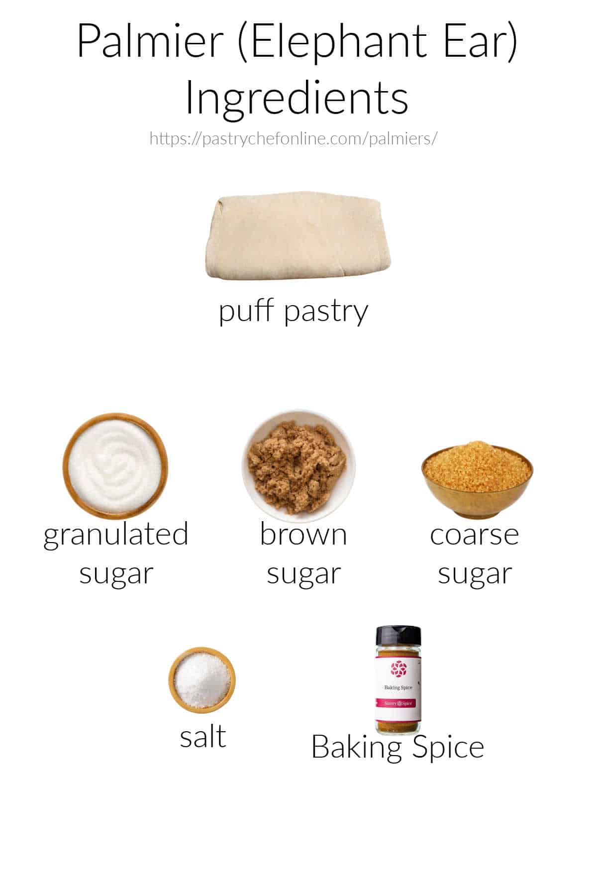 Images of all the ingredients needed to make palmiers, labeled and on a white background. The ingredients are: puff pastry, granulated sugar, brown sugar, coarse sugar, salt, and Baking Spice.
