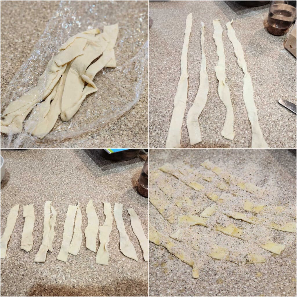A collage of four images showing scraps of puff pastry, the scraps all laid out on a counter, the strips cut into 6" pieces, and last, the strips covered with a spice-and-Parmesan cheese mixture.