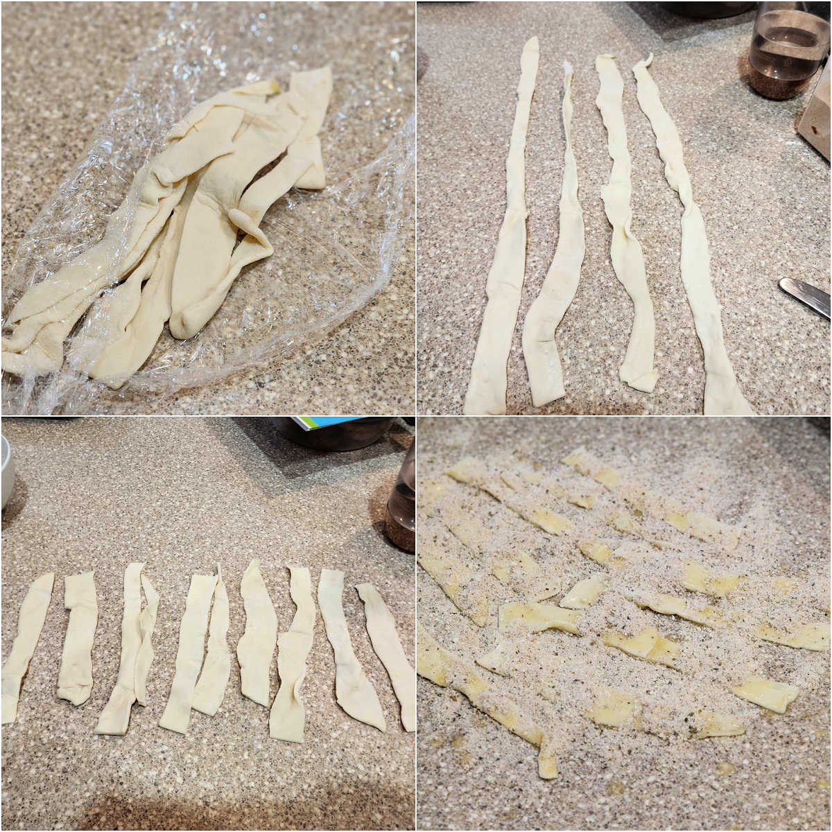 A collage of four images showing scraps of puff pastry, the scraps all laid out on a counter, the strips cut into 6