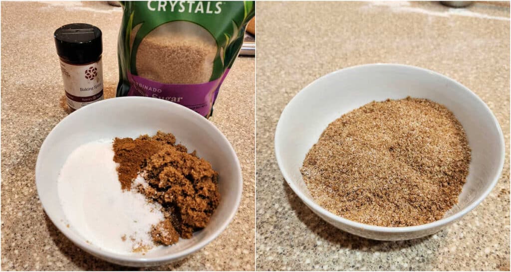 A collage of 2 images. The first shows a white bowl full of sugar and spice with a bag of coarse sugar and a jar of baking spice in the background. The second shows the sugar and spice mixed evenly together.