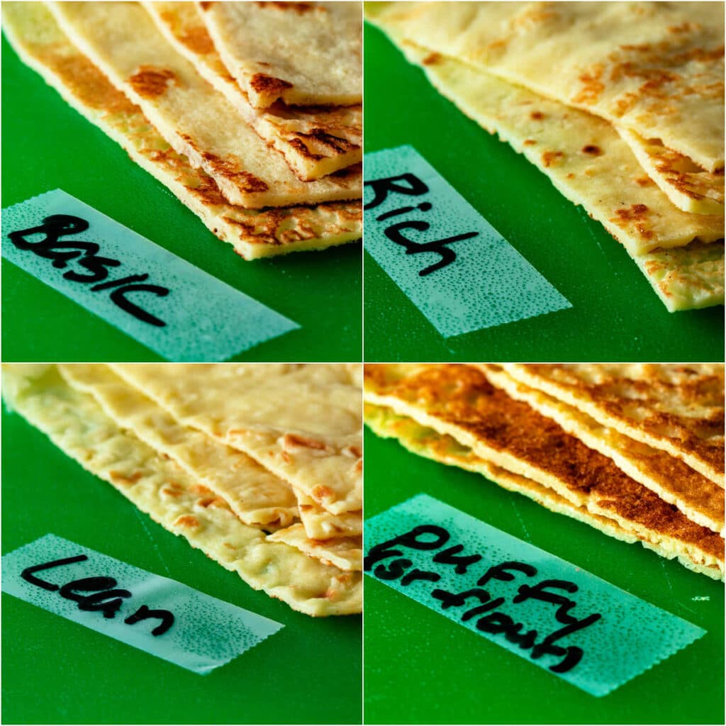 A collage of four images of cut crepes very close up, each labeled "basic," "rich," "lean," and "puffy.)