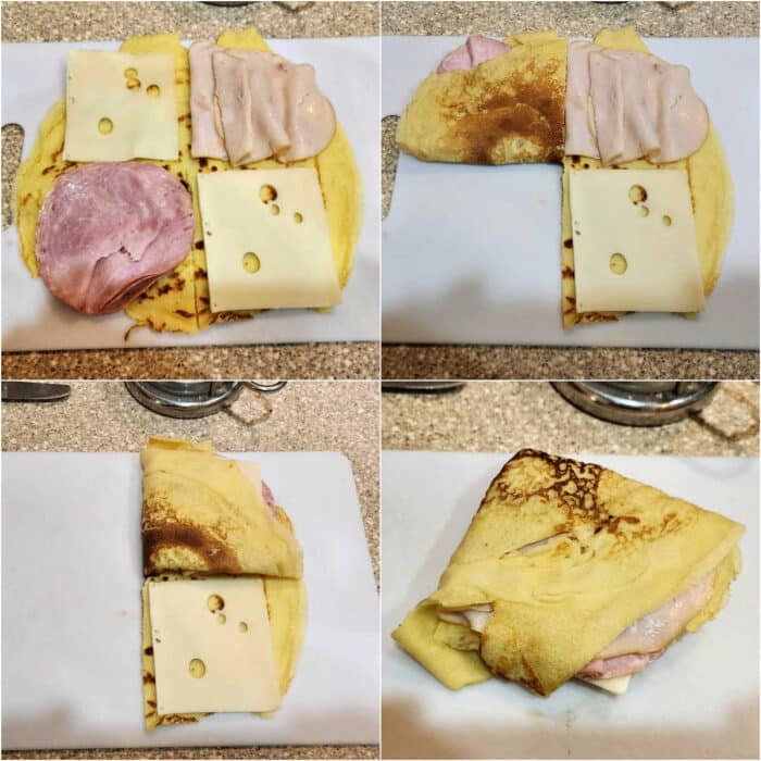 A collage of four images showing how to fold ham and cheese into a crepe so you end up with a triangle.