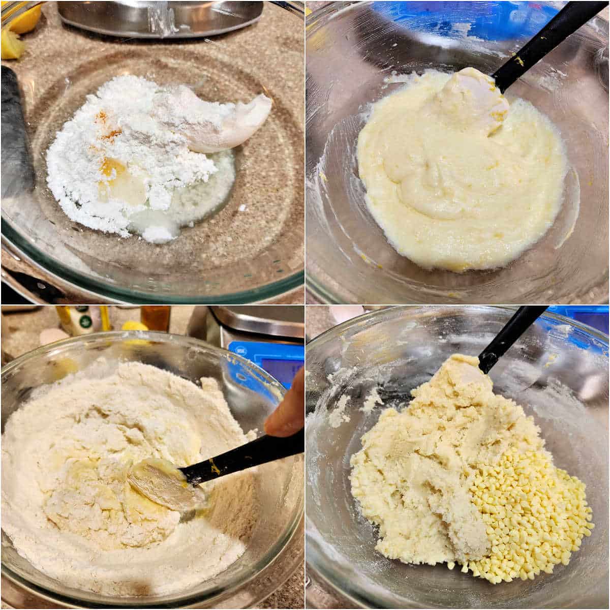 A collage of four images showing mixing the batter to make lemon coolers: ingredients in a glass bowl, ingredients all blended together with a spatula, dry ingredients being stirred together with the wet ingredients, and then mini lemon chips in the dough.