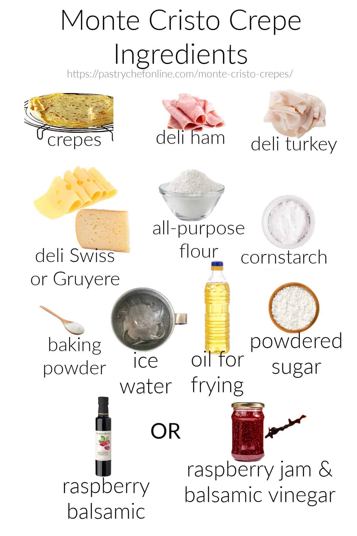 all the ingredients needed to make, fry, and serve Monte Cristo crepes, labeled and on a white background.