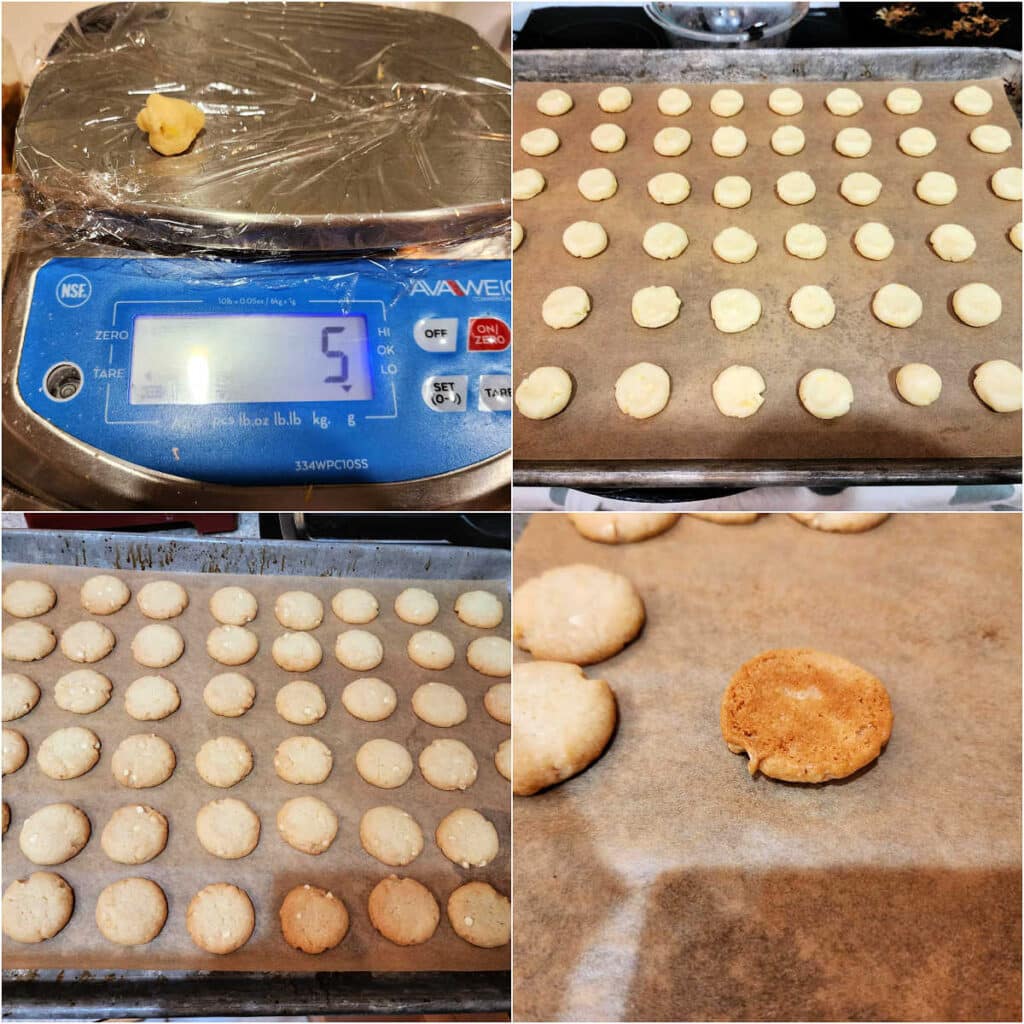 A collage of 4 images. The first is a small piece of cookie dough on a scale that reads "5 grams." The second is 48 small balls of cookie dough on a parchment-lined sheet. The third image is the baked cookies, and the last is of the bottom of one of the cookies showing the golden brown color the bottoms should be.