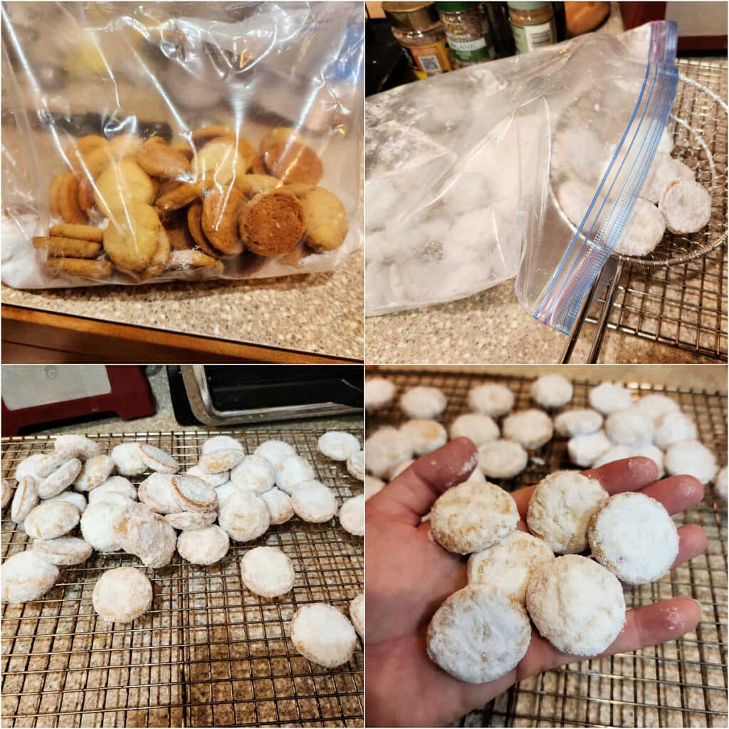 A collage of 4 images showing how to coat cookies in powdered sugar. In the first, many baked cookies are in a gallon zip-lock of powdered sugar. The second shows the cookies all covered in the powdered sugar and using a spider strainer to remove them from the bag. The third image is sugar-coated cookies on a cooling rack, and the fourth shows a hand holding 6 powdered sugar-covered cookies.