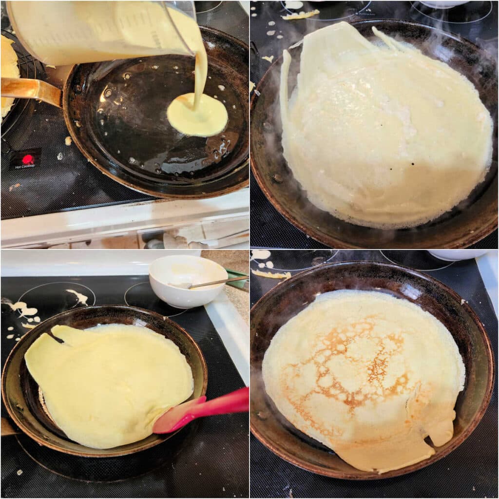 A collage of four square images showing how to turn crepes. The first is batter pouring into a pan from a pitcher. The second is the crepe cooking in the pan with some batter sloshed up the rim of the pan, the third shows a spatula being eased under the edge of the crepe, and the third is the crepe cooking on the second side after flipping.