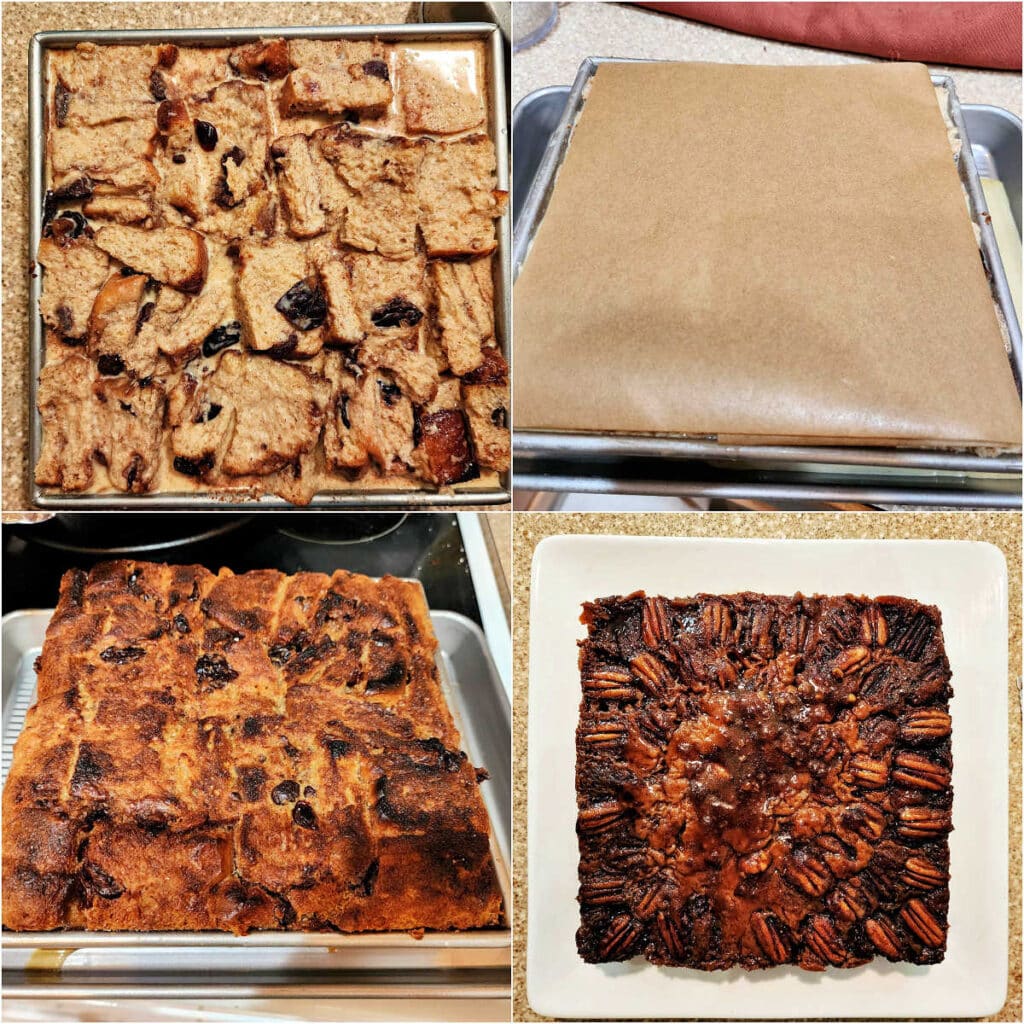 A collage of four images. One is a square baking pan shot from overhead. The pan is filled with cubed bread and custard. The second image shows the filled pan with a square of parchment on top of it. The third shows the browned top of the baked bread pudding, and the last image is of the pudding turned out onto a large, square, white plate. The top of the pudding is dark brown with whole pecans on top.