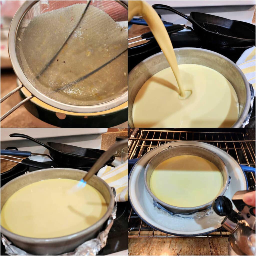 A collage of 4 images. The first shows a strainer with little bits in it from straining the cheesecake batter into a pitcher. The second shows pouring cheesecake batter into an aluminum pan with the bottom wrapped in foil. The third shows using a blowtorch to pop any bubbles on top of the batter. The last image is the foil-wrapped pan of batter in a large, shallow pan on an oven rack. Boiling water is being poured in from a kettle.