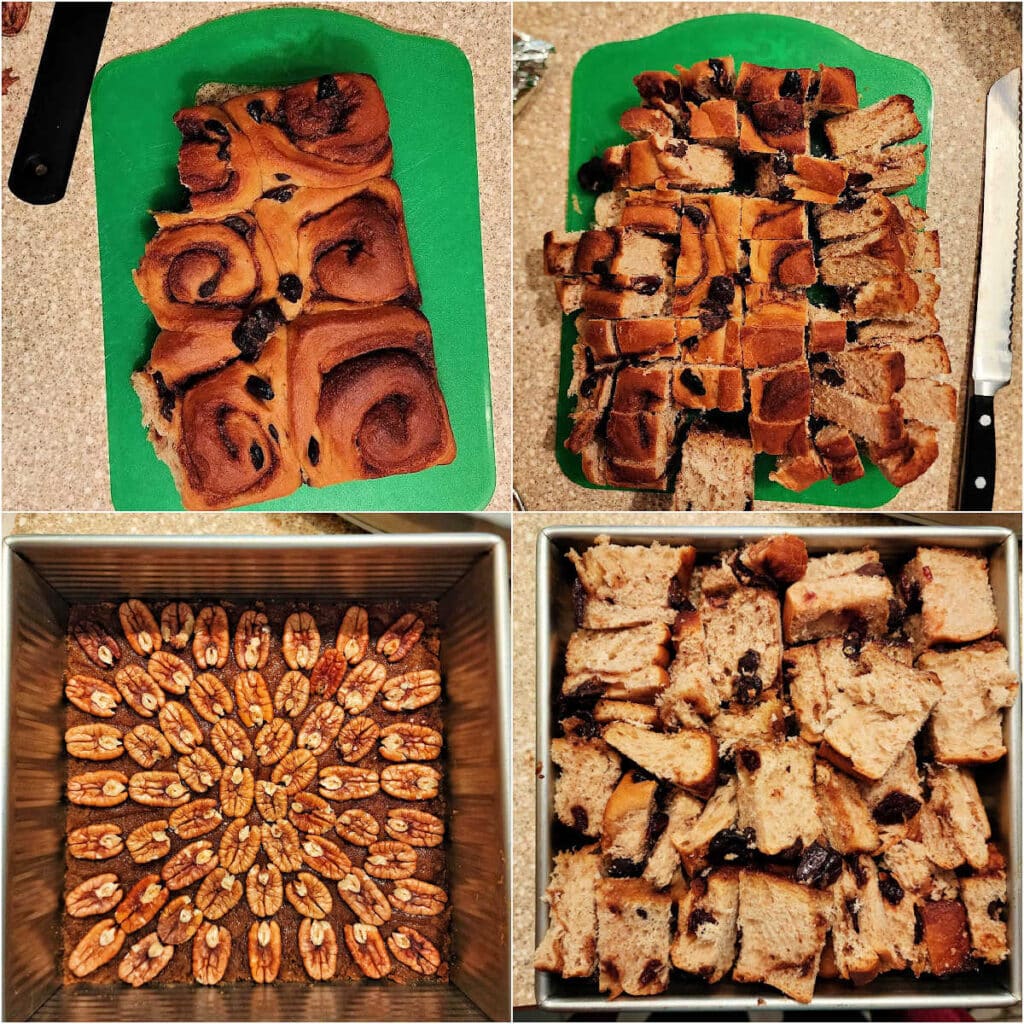 A collage of 4 images. One is an overhead image of cinnamon bread on a small green cutting board. The second is of the same bread cut into cubes. The fourth image shows pecans on the bottom of a baking pan. The last image shows the cut bread packed snugly into the baking pan on top of the pecans.