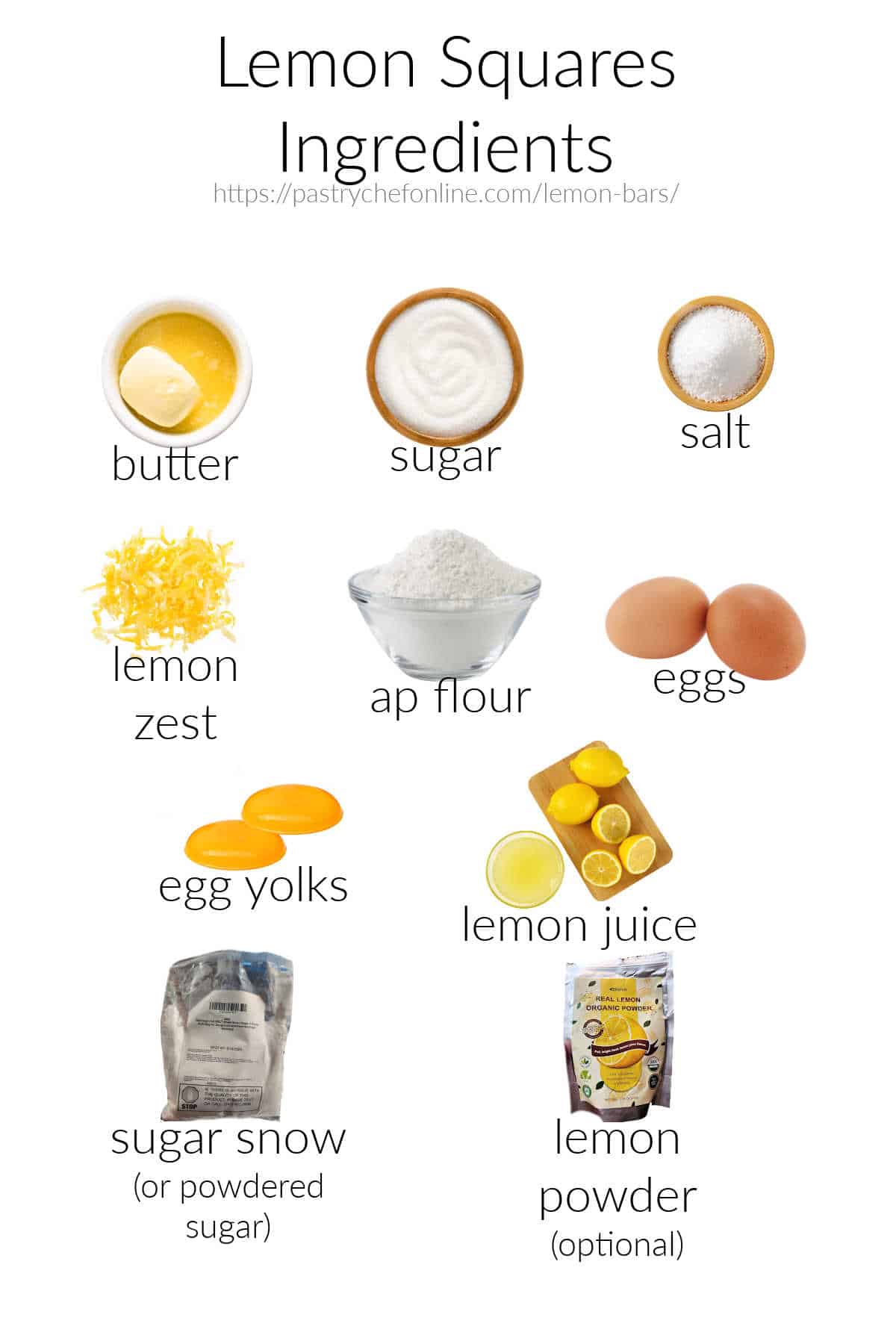 Images of all the ingredients needed to make lemon bars, labeled and on a white background. Ingredients are butter, sugar, salt, lemon zest, flour, eggs, yolkd, lemon juice, optional lemon powder, and sugar snow or powdered sugar.