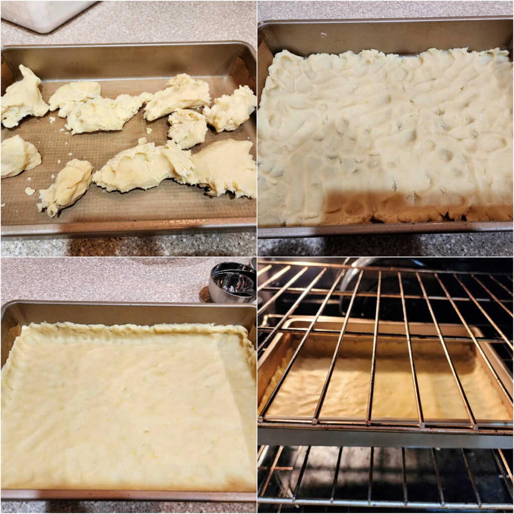 A collage of four images. The first shows pieces of dough scattered into a rectangular pan. The second shows that dough with fingerprints all in it, pressed out to fill the bottom. The third images is the dough smoothed out and pressed about 3/4" up the sides of the pan. The fourth shows the pan of dough in the oven.