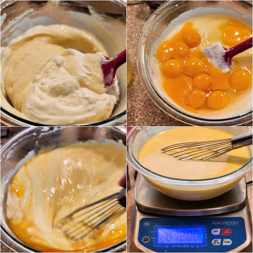 A collage of 4 images showing how to make creme brulee cheesecake batter. In the first, a spatula is stirring together Greek yogurt with sugar and cream cheese. The second shows eggs and egg yolks added on top. The third shows whisking the eggs and yolks into the batter, and in the fourth, a glass bowl of batter is on a scale showing "12 oz," the amount of heavy cream poured in at the end.