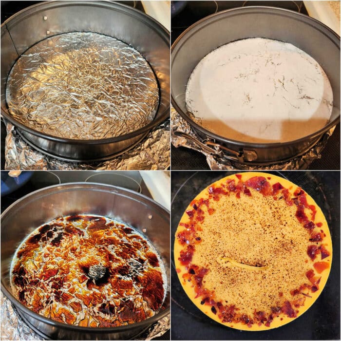 A collage of four images. The first shows a sheet of aluminum foil wrapped around the bottom of a springform pan. The second shows the foil covered with a thin layer of granulated sguar. The fourth image shows the sugar after being bruleed with a torch. Some of it is amber and some of it is nearly black. The fourth image shows the top of a creme brulee cheesecake with broken up bits of the caramelized sugar place all around the inner rim of the top of the cake.