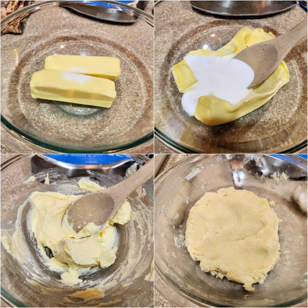 A collage of four images. The first is a glass bowl with 2 sticks of butter and salt in it. The next shows the butter partially mashed in the blow with sugar added and a wooden spoon. The third shows the butter, sugar, and salt all creamed together, and the last image shows the finished dough after adding the flour and mixing it in thoroughly.