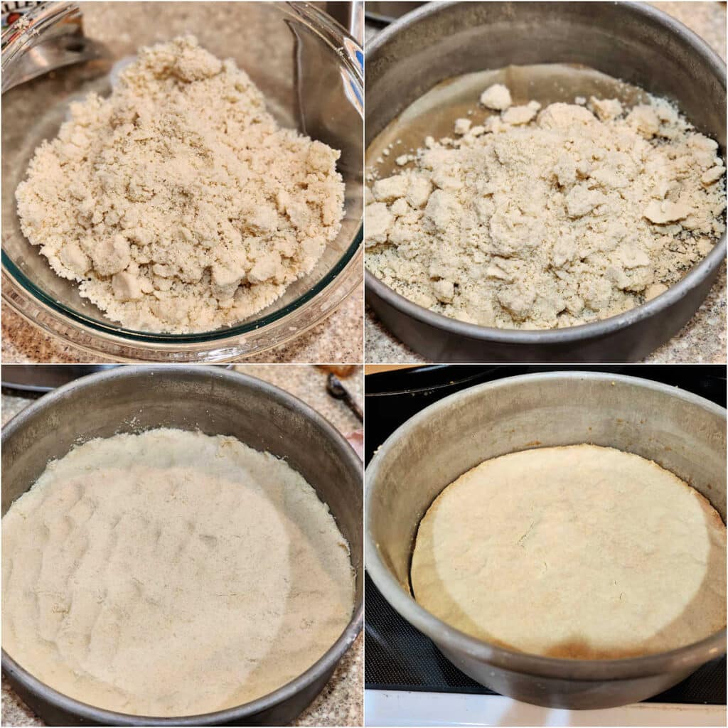 A collage of four images. The first is a crumbly mixture of flour and butter in a glass bowl. The second is this same mixture piled into a 9" springform pan. The third image shows the mixture patted down evenly in the bottom of the pan for a crust. The last image shows the crust after baking. It is a little brown around the edges.