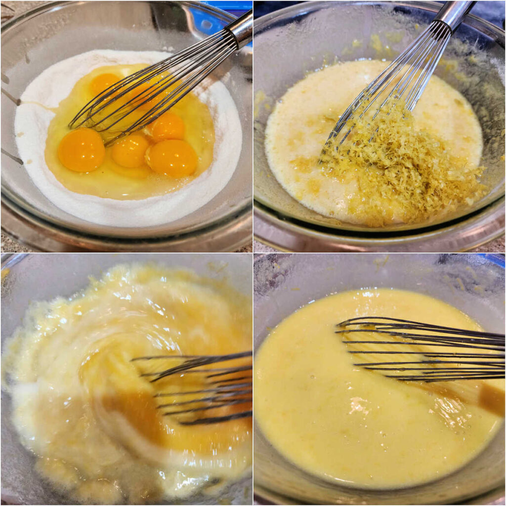 A collage of 4 images. One shows a glass bowl of flour with eggs cracked into it and a whisk in the bowl. The second image is whisking the eggs into the flour mixture. The third image shows whisking in the lemon juice, and the last image shows the fully whisked filling which is an even yellow color with no streaks of egg white or egg yolk in it.
