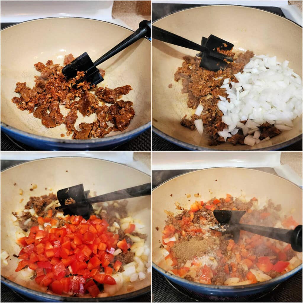 A collage of 4 images. The first shows chorizo in a large braising pan being broken up by a meat chopper. The second image shows the chorizo with diced onion added. The third shows diced red bell pepper added to the pan, and the fourth images shows the same pan with all the ingredients cooking down in it.