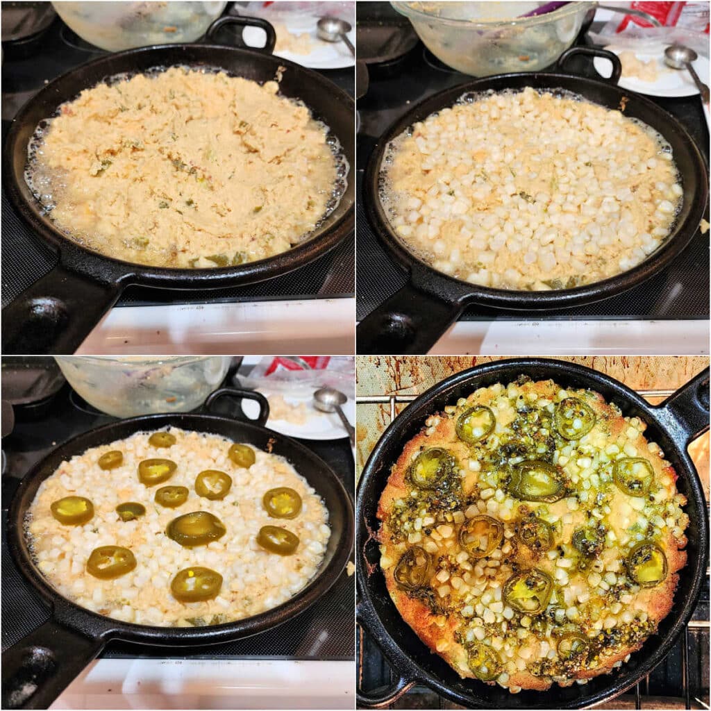 A collage of four images. The first is batter spread in a skillet with fat bubbling around the edges. The second is of the same pan with white corn kernels pressed onto the top of the batter. The third images shows rounds of pickled jalapenos arranged on top of the corn. The last is an overhead shot of the partially baked cornbread with a green drizzle on top.
