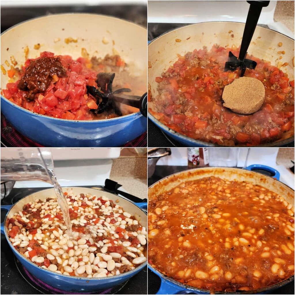 A collage of four images. The first shows a braiser with diced tomatoes and chipotle added to iot. The second shows brown sugar added after the diced tomatoes and chipotles are mixed in. The third shows the soaked beans added with water being poured in, and the fourth shows the beans simmering on the stove.
