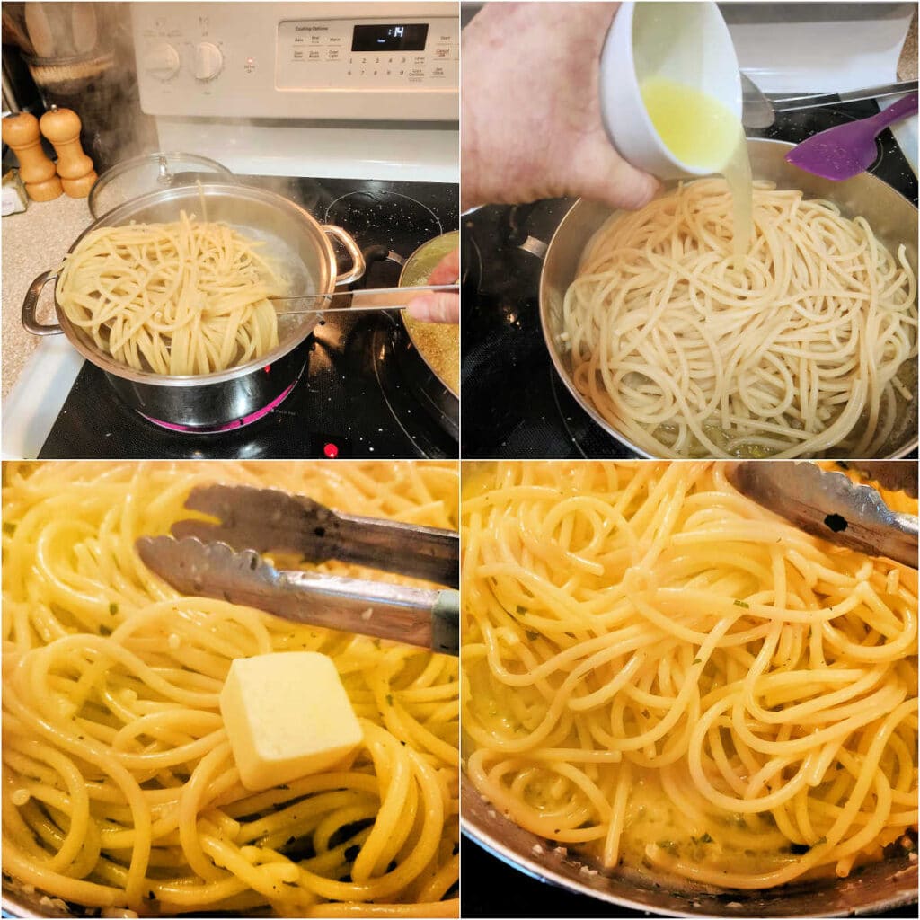 A collage of four images. The first is cooked pasta in boiling water being pulled out with a spider. The second shows someone pouring lemon juice over pasta in the saute pan. The third shows a knob of butter on top of the pasta, and the fourth shows the pasta completely mixed together with the sauce.