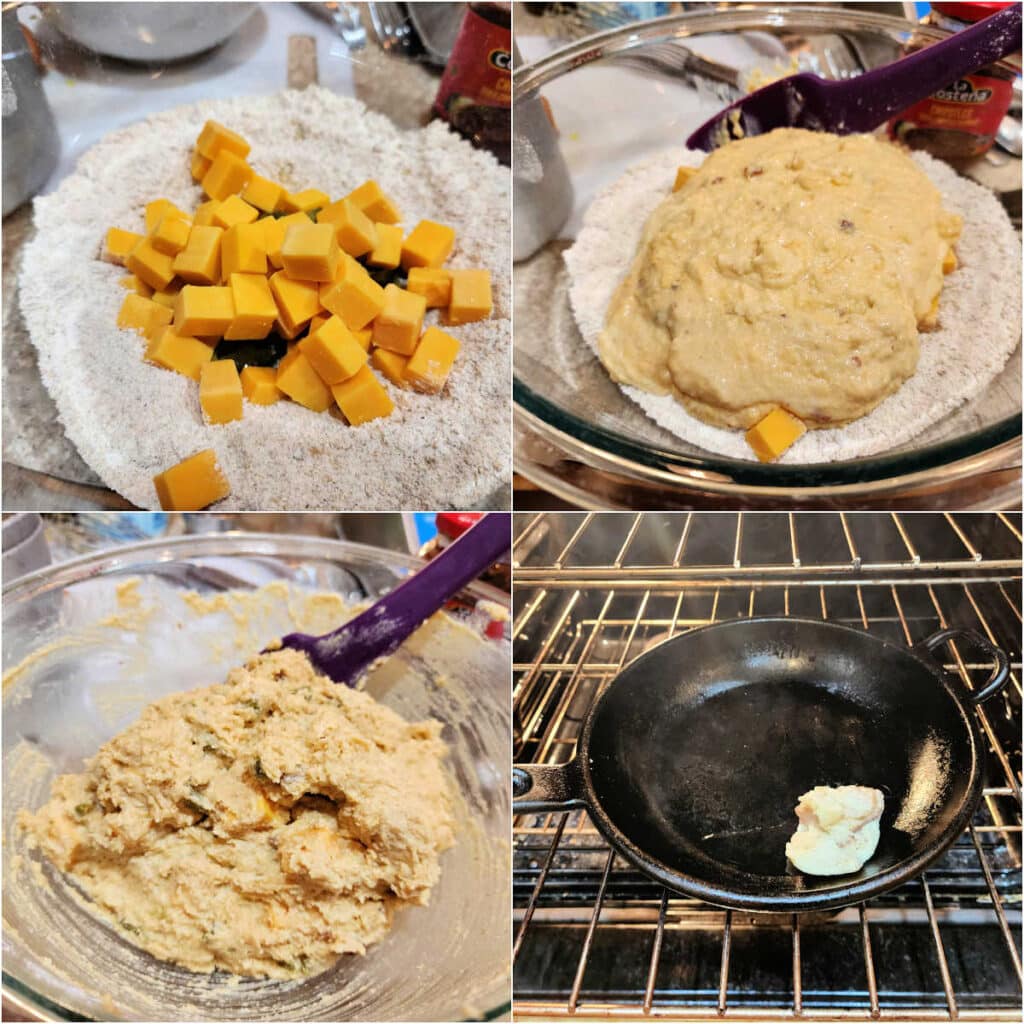 A collage of four images. The first is chunks of orange cheese and chopped pickled jalapenos on top of powdery, dry ingredients in a glass bowl. The second is a thick, beige liquid poured on top of the cheese. The third shows a thick batter folded together with a purple spatula in a glass bowl. The last image is bacon fat melting in a cast iron skillet on an oven rack.