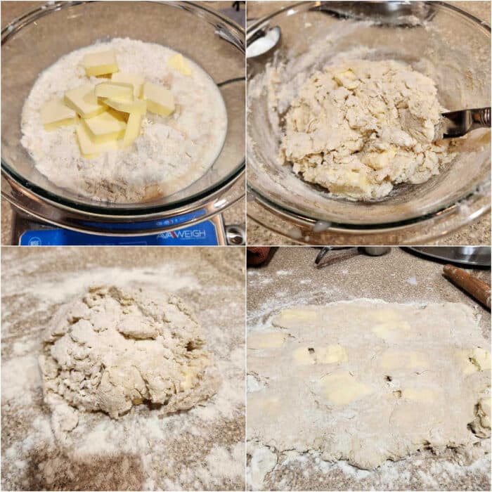 A collage of 4 images. The first is a glass bowl with flour, sugar, salt, milk, yeast and chunks of butter in it. The second shows that dough mixed together into a shaggy mass. The third image is the shaggy dough on a floured countertop with a bit more flour sprinkled on top of it. The last image shows the dough roughly rolled out into a messy rectangle with prominent chunks of butter in it.
