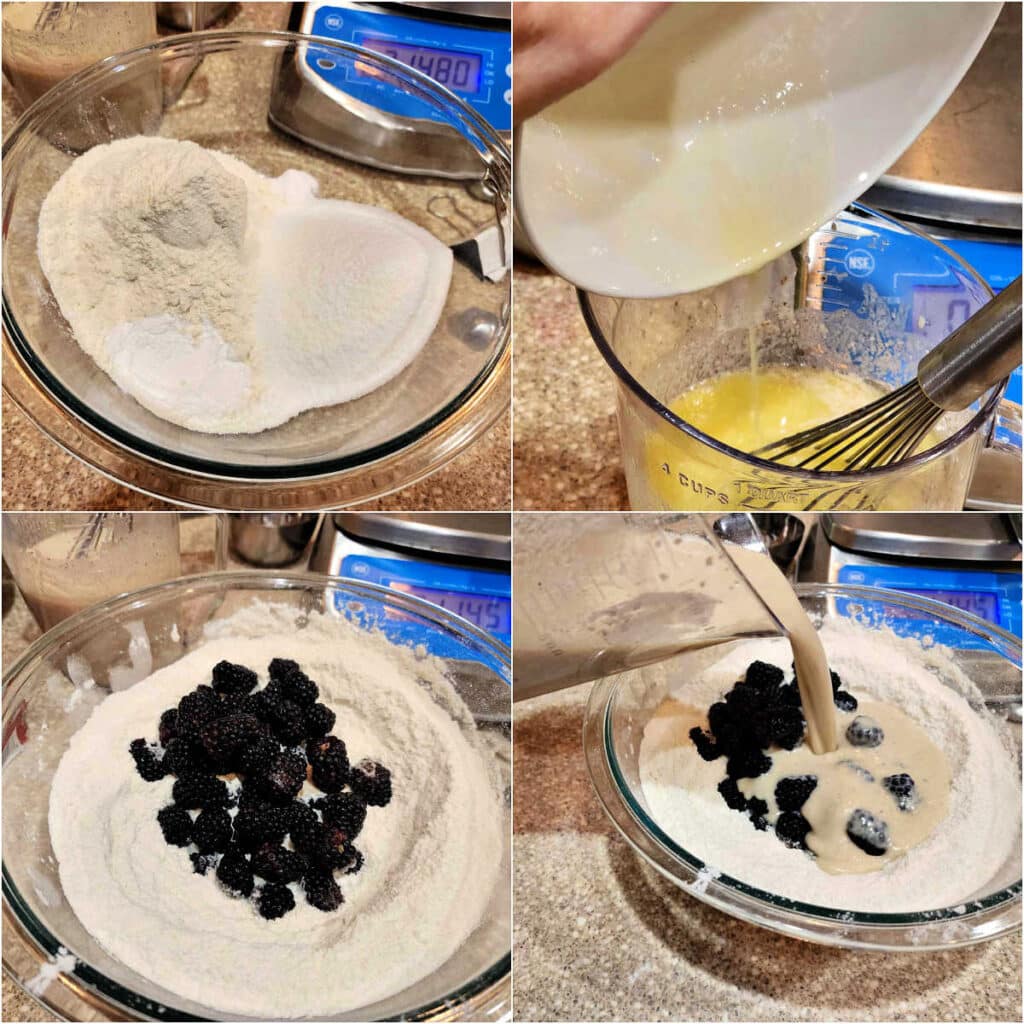 A collage of 4 images. 1)Dry ingredients in a glass bowl. 2)Pouring melted butter into a pitcher of wet ingredients. 3)Lots of blackberries on top of the dry ingredients in a glass bowl. 4)Pouring the wet ingredients over the blackberries and dry ingredients.