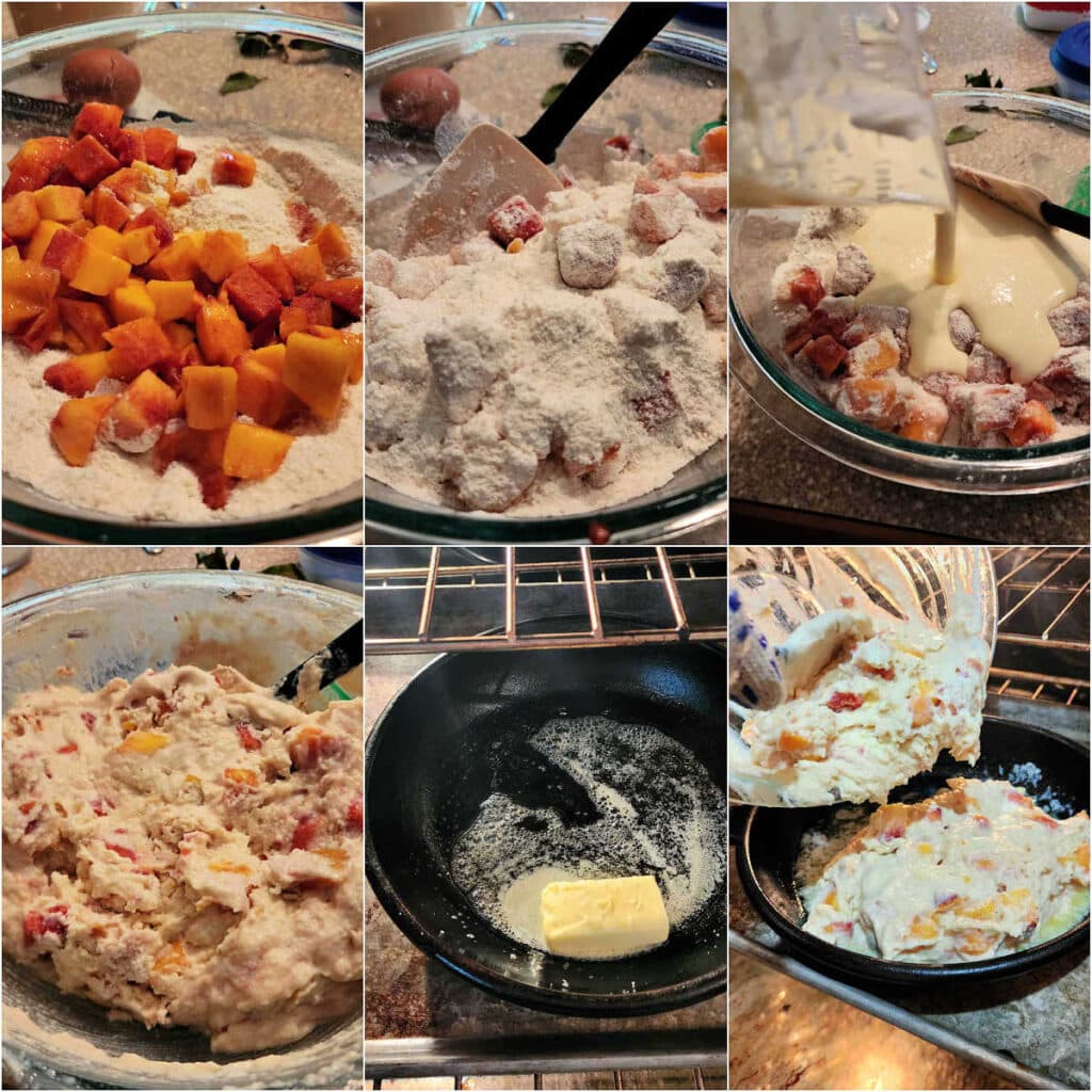 A collage of 6 images. 1)Diced peached on top of dry ingredients in a glass bowl. 2)Diced peaches folded into the dry ingredients. 3)Pouring the wet ingredients into the bowl of dry ingredients. 4)Peach breakfast cake batter folded together in a glass bowl. 5)Butter melting in a cast iron pan on a baking sheet in an oven. 6)Scraping the batter into a cast iron pan with melted butter in it.