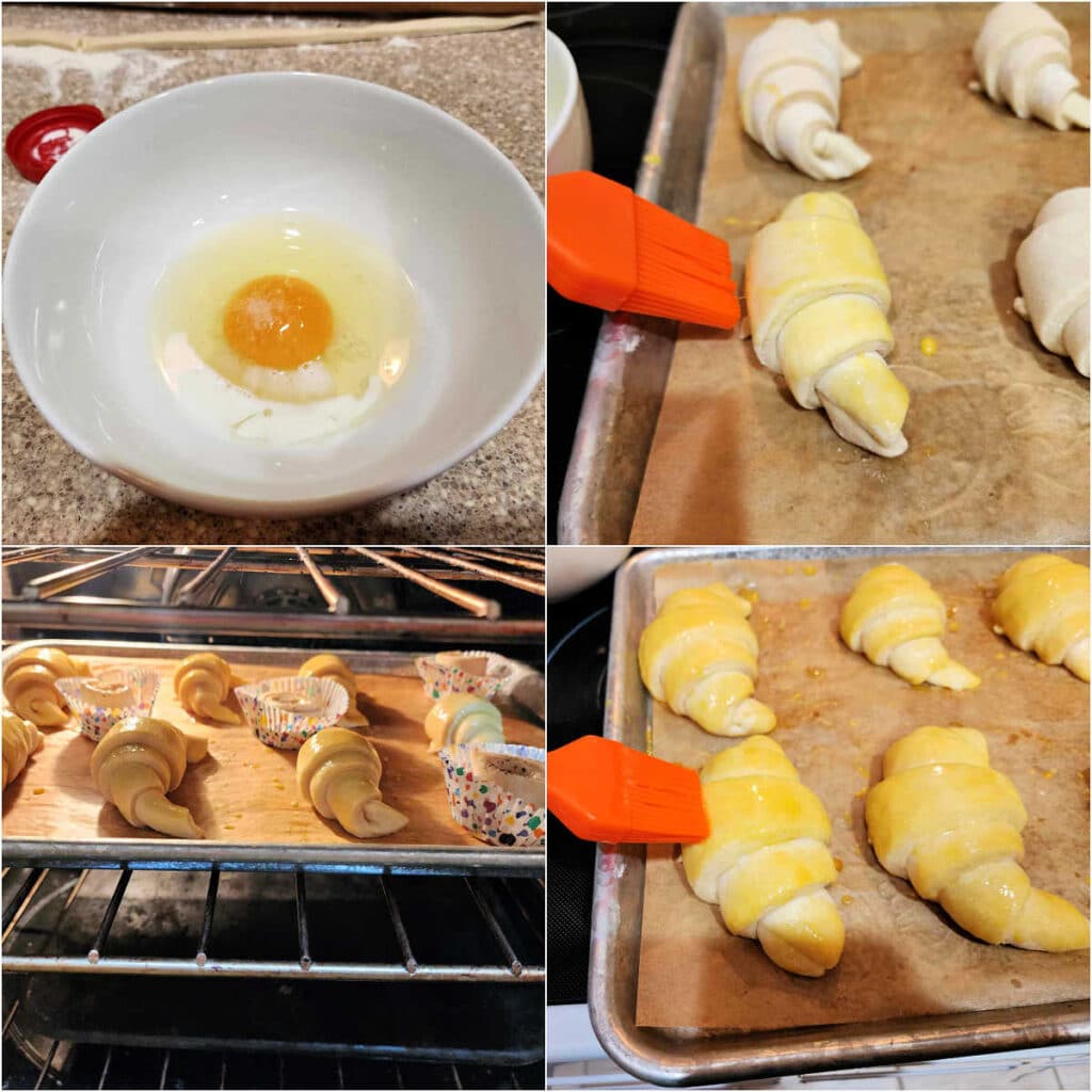 A collage of 4 images. The first is an egg, a splash of milk, and a sprinkle of salt in a white bowl, The second shows an orange silicone brush brushing the egg wash onto the croissants. The third shows croissants rising in the oven, and the fourth images shows the second egg wash just before baking.