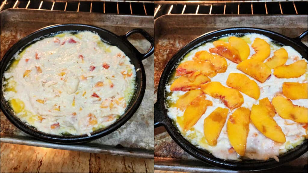 A collage of 2 images. 1)Cake batter with diced peaches in it smoothed out in a cast iron pan. 2)Peach cake batter with thinly sliced fresh peaches placed all over the top of the batter ready to baked.