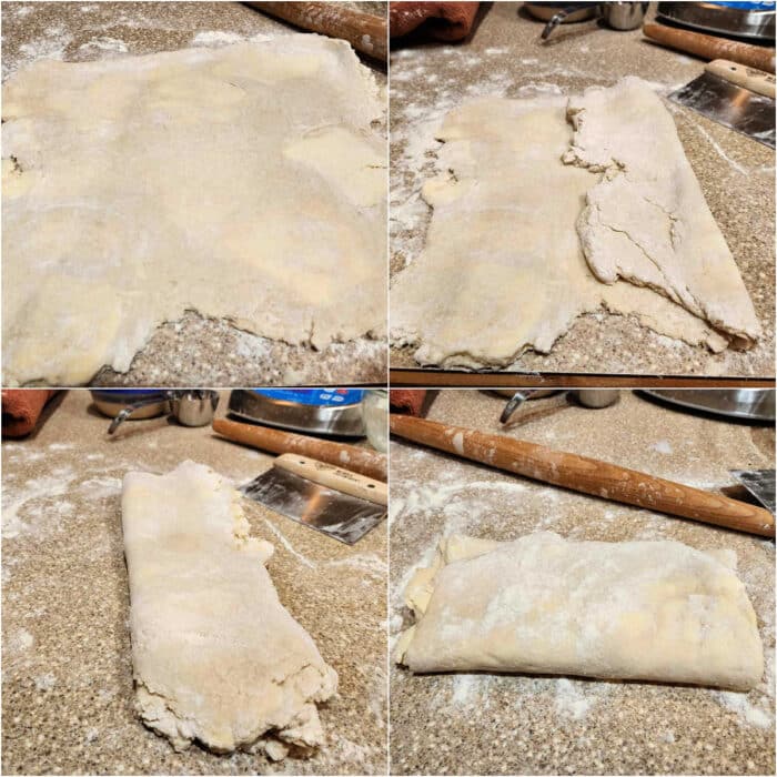 A collage of 4 images showing how to roll out croissant dough, fold it in thirds, and turn it 90 degrees. This completes one "fold" of the dough.