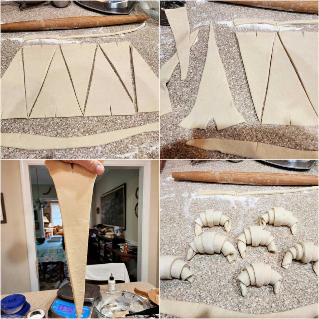 A collage of 4 images. The first shows croissant dough cut into long triangles. The second is one of the triangles stretched longer with a notch cut into the base of the triangle. The third shows a hand holding a triangle of dough up by the base to stretch it out. The last is of rolled croissants on the counter.