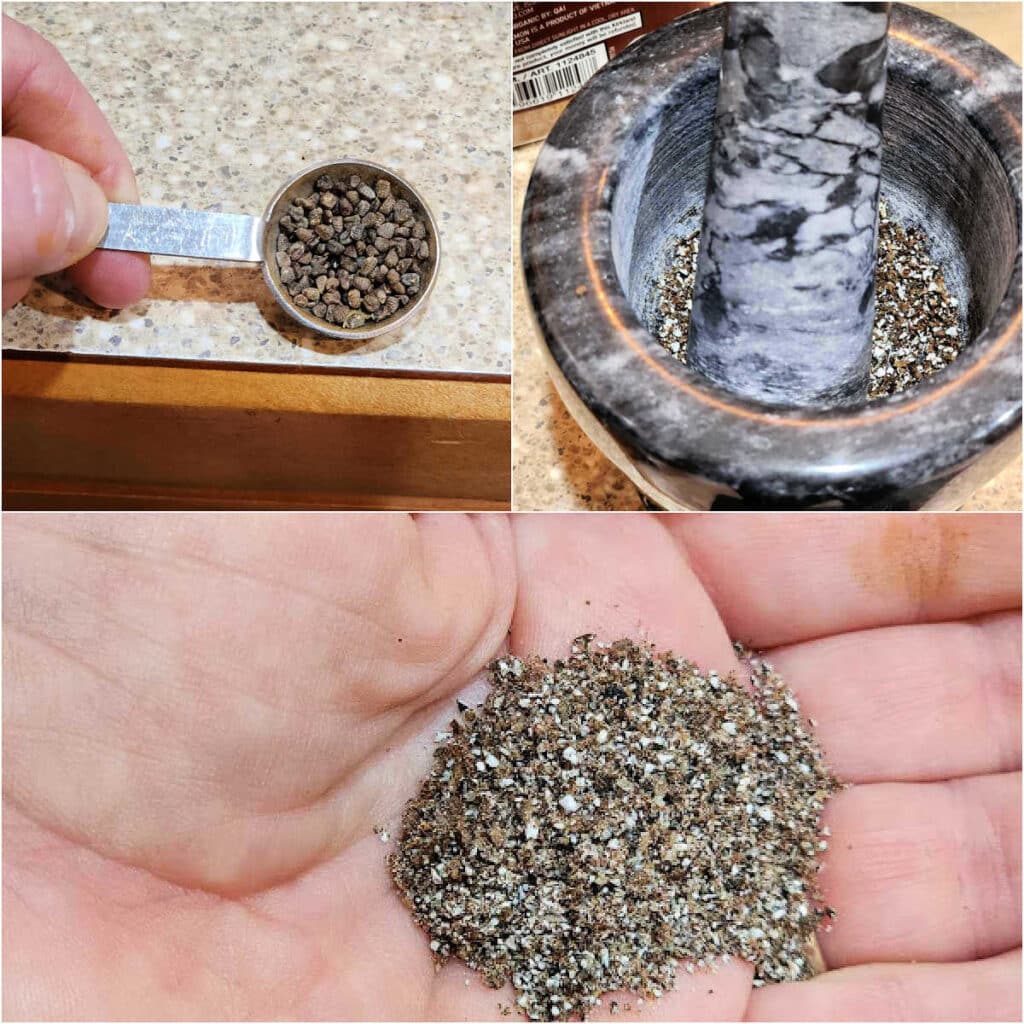 A collage of 3 inages. 1)A teaspoon of cardamom seeds. 2)Cardamom seeds in a mortar with a pestle in it. 3)Ground cardamom in the palm of a hand.