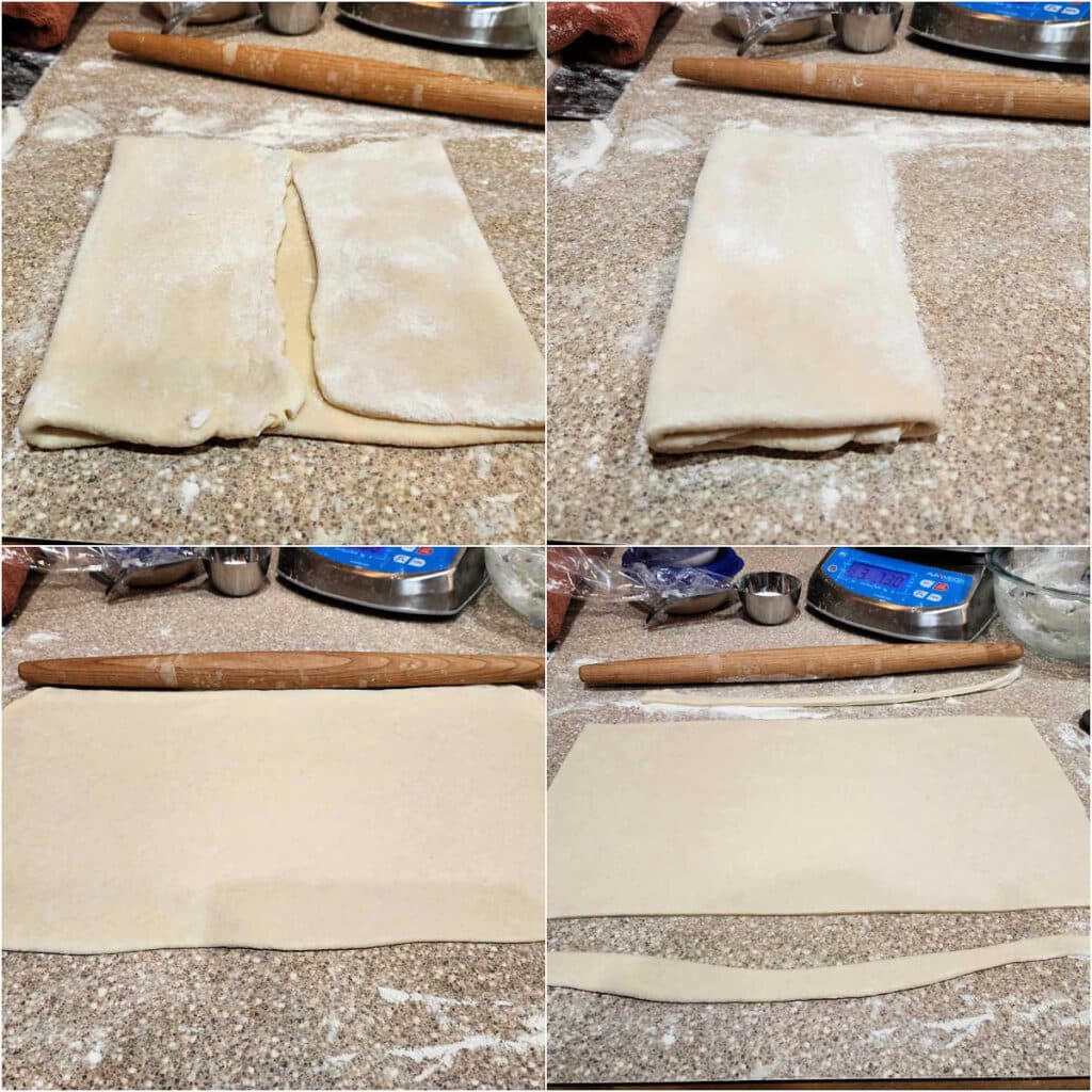 A collage of 4 images. The first two show the dough folded in toward the center and then closed like a book. The third image shows the dough rolled out into a long rectangle. The last image shows the edges of the dough trimmed off with a pizza cutter.