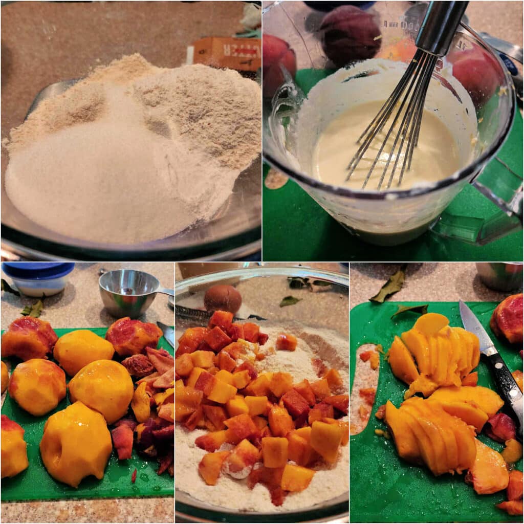 A collage of 5 images. 1)Dry ingredients in a glass bowl. 2)Wet ingredients in a clear plastic pitcher with a whisk in it. 3)Peeled and halved peahces on a cutting board. 4)Diced peaches. 5)1 peach, peeled, halved, and thinly-sliced, on a green cutting board.