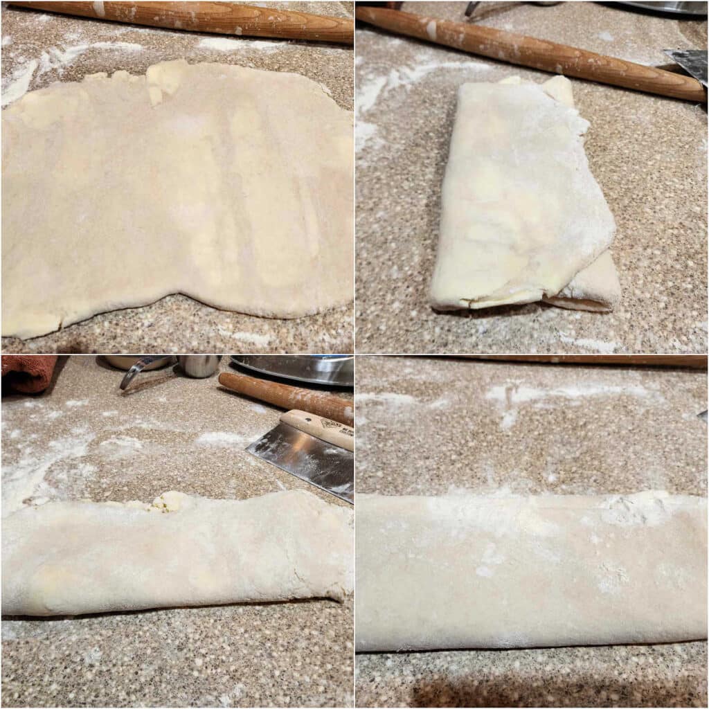 Another collage of 4 images showing the third letter fold for croissant dough: rolling the dough into a recangle, toding it in thirds, turning it 90 degrees, and letting it rest with some plastic wrap over it if the gluten starts pulling back when you roll.
