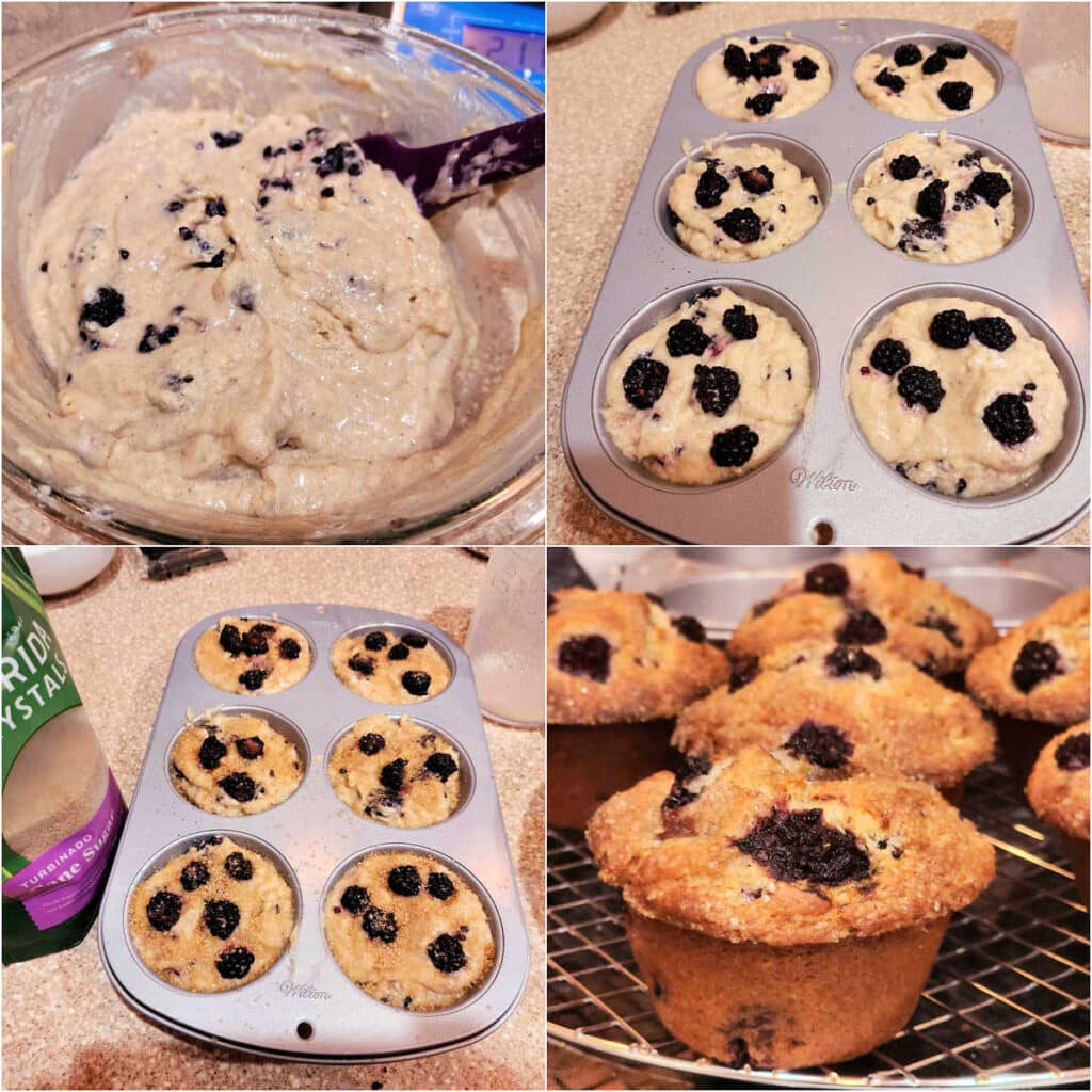 A collage of 4 images. 1)Blackberry muffin batter in a glass bowl with a spatula. 2)A 6-cavity jumbo muffin tin filled with muffin batter. 3)The muffin batter sprinkled with coarse sugar. 4)Baked muffins cooling on a rack.