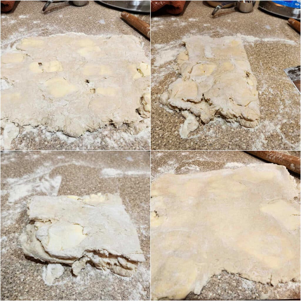 A collage of 4 images showing folding a shaggy dough in half vertically, then in half again to make quarters. The last image shows that quartered dough rolled out into a rectangle again.