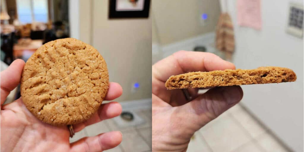 A collage of two images, side by side. The one of the left is a hand holding a peanut butter cookie about 3" in diameter. The second is a hand holding half the cookie with the cross-section turned to the camera to show the interior texture.