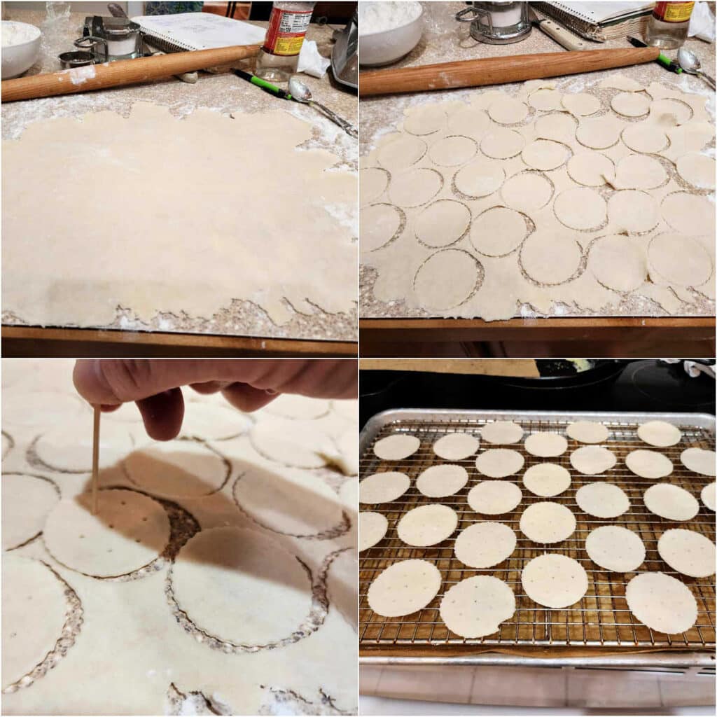 A collage of 4 images in a square. The first shows dough rolled out thinly on a countertop. The second shows round shapes cut out of the dough. The third shows a hand holding a toothpick to dock the crackers, and the fourth shows the unbaked crackers on a grid-type metal rack set inside a half sheet pan.