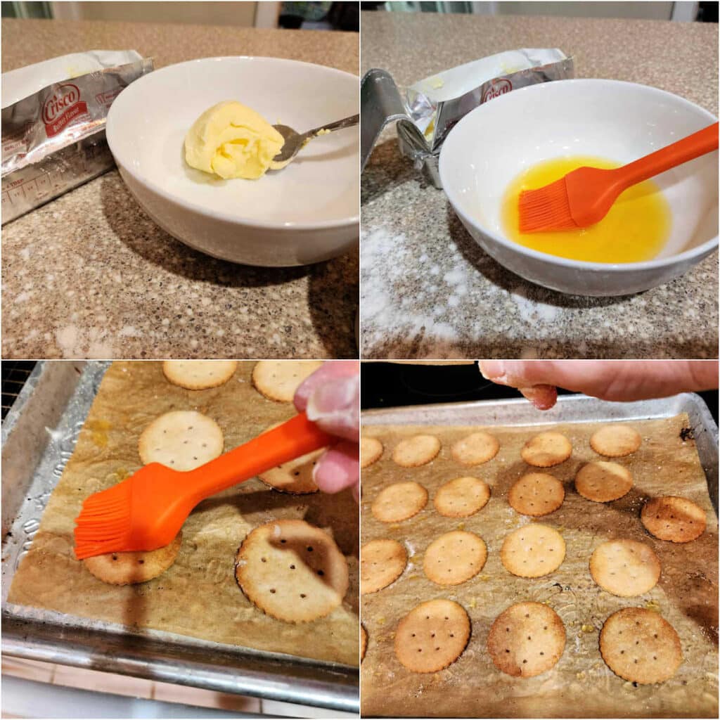 A collage of 4 images in a square. The first shows a large spoonful of pale yellow shortening in a white bowl. The second shows an orange silicone brush in a white bowl of melted butter-flavored shortening. The third shows brushing the melted shortening on the baked crackers, and the fourth shows a hand sprinkling a bit of salt over the still-hot crackers.