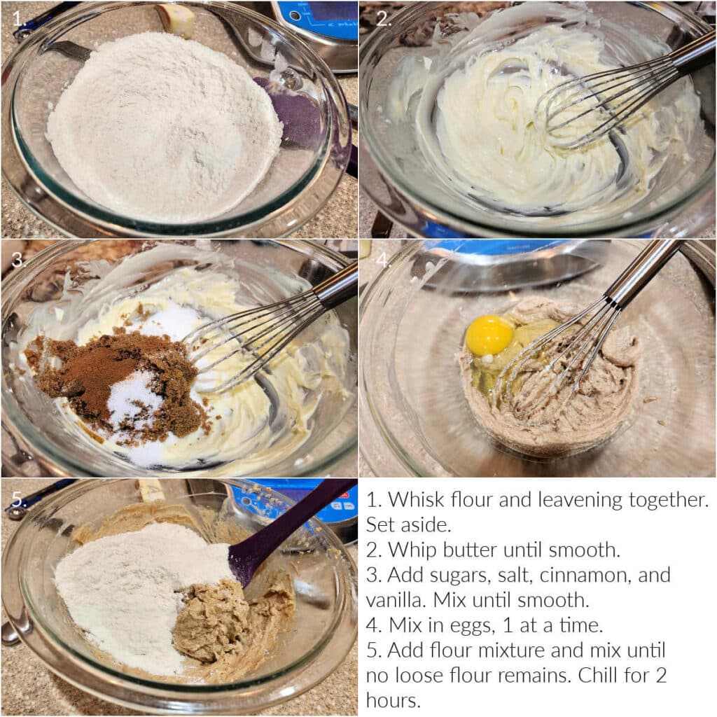 Collage of 5 images and 1 block of text showing how to mix the dough to make snickerdoodles. Text describes each of the 5 images and reads, "1. Whisk flour and leavening together. Set aside. 2. Whip butter until smooth. 3. Add sugars, salt, cinnamon, and vanilla. Mix until smooth. 4. Mix in eggs, 1 at a time. 5. Add flour mixture and mix until no loose flour remains. Chill for 2 hours.
