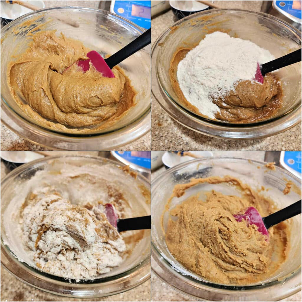 A collage of 4 images of the same glass bowl of peanut butter cookie dough. The first image is the dough before the flour is added. The second shows all the dry ingredients dumped on top of the peanut butter mixture. The third shows the flour being worked into the dough with a spatula. There is still a lot of loose flour in the bowl. The fouth image shows the dough completely combined with no flour remaining loose in the bowl.