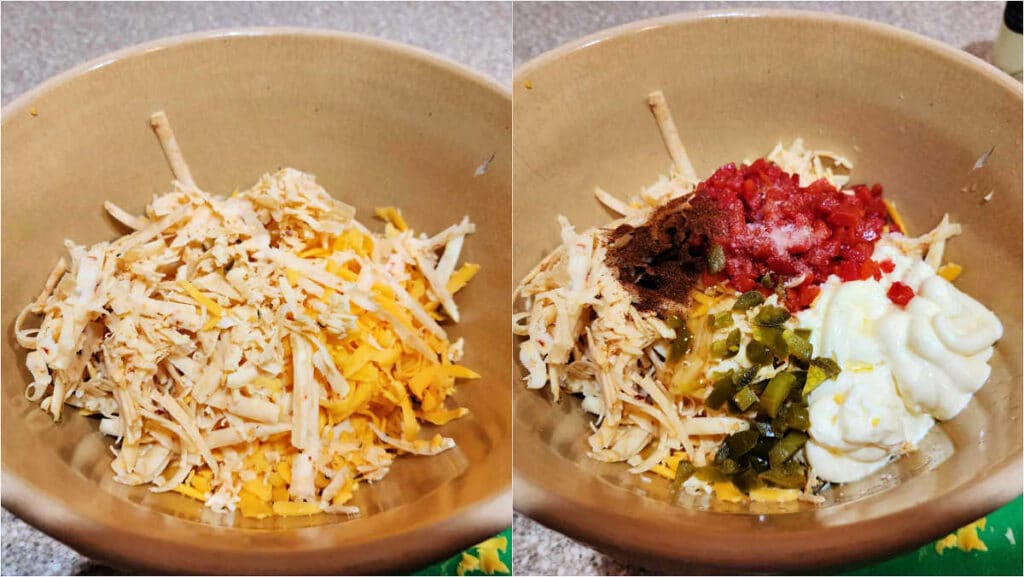 A collage of two images, side by side. The first shows grated cheese in a large, beige pottery bowl. The second shows the same bowl with cheese with mayonnaise, pimentos, pickled jalapenos, and spices on top before stirring it all together.
