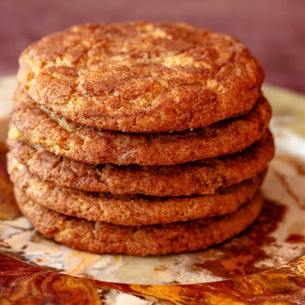 A stack of 5 cinnamon sugar-coated cookies on a marbled earthtone plate.