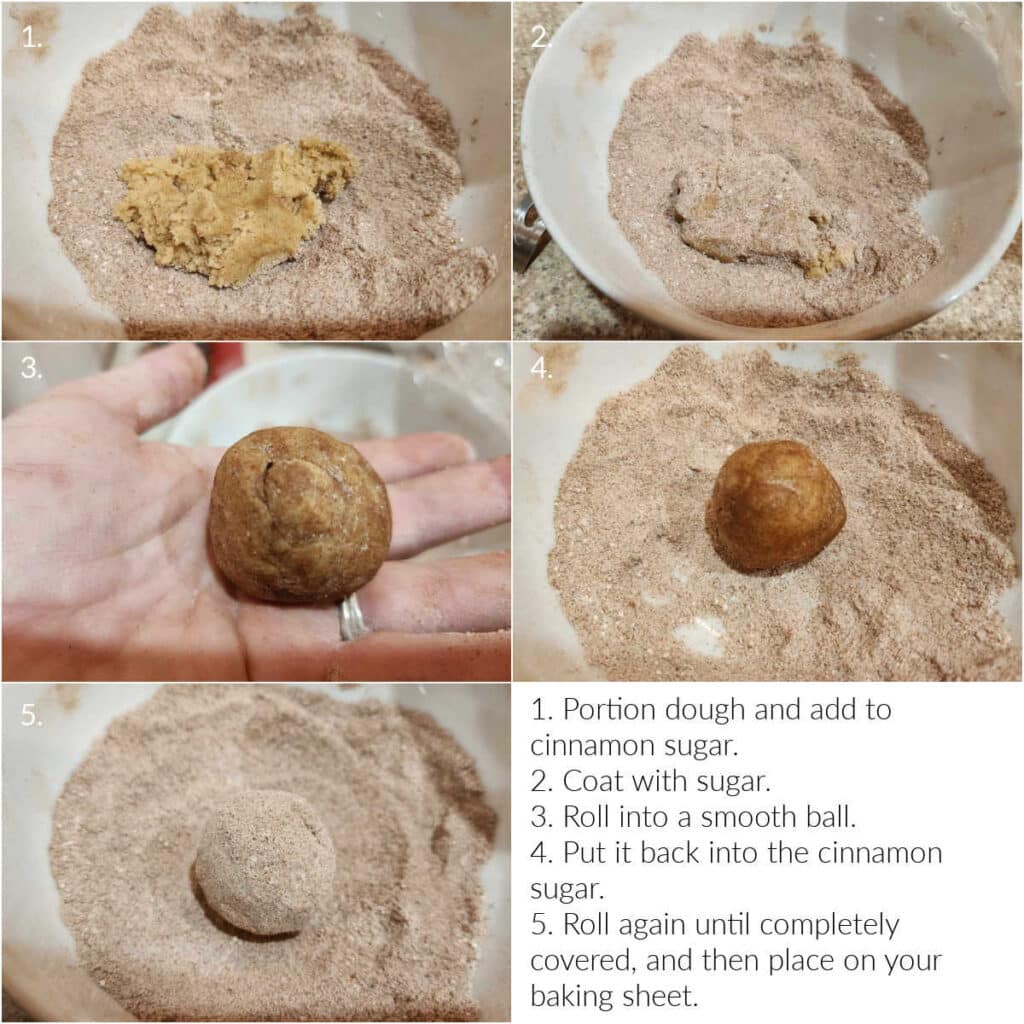 A collage of 5 images and 1 block of text. Images show shaping and rolling snickerdoodle dough in cinnamon sugar. Text describes each step and reads, "1. Portion dough and add to cinnamon sugar. 2. Coat with sugar. 3. Roll into a smooth ball. 4. Put it back into the cinnamon sugar. 5. Roll again until completely covered, and then place on your baking sheet."