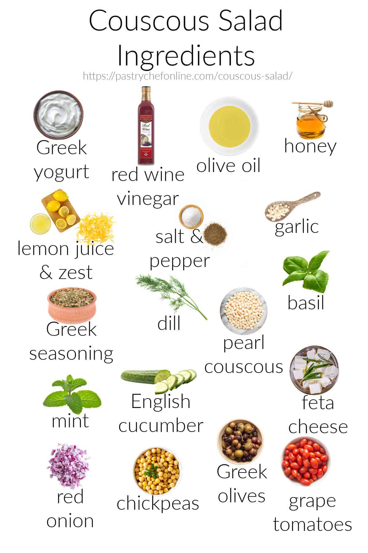Full color images of all the ingredients needed to make couscous salad, arranged on a white background and labeled in black, sans serif font. Title text reads, "Couscous Salad Ingredients," and the labeled ingredients are Greek yogurt, red wine vinegar, olive oil, honey, lemon juice & zest, salt & pepper, garlic, Greek seasoning, dill, basil, mint, English cucumbers, pearl couscous, feta cheese, red onion, chickpeas, greek olives, and grape tomatoes.