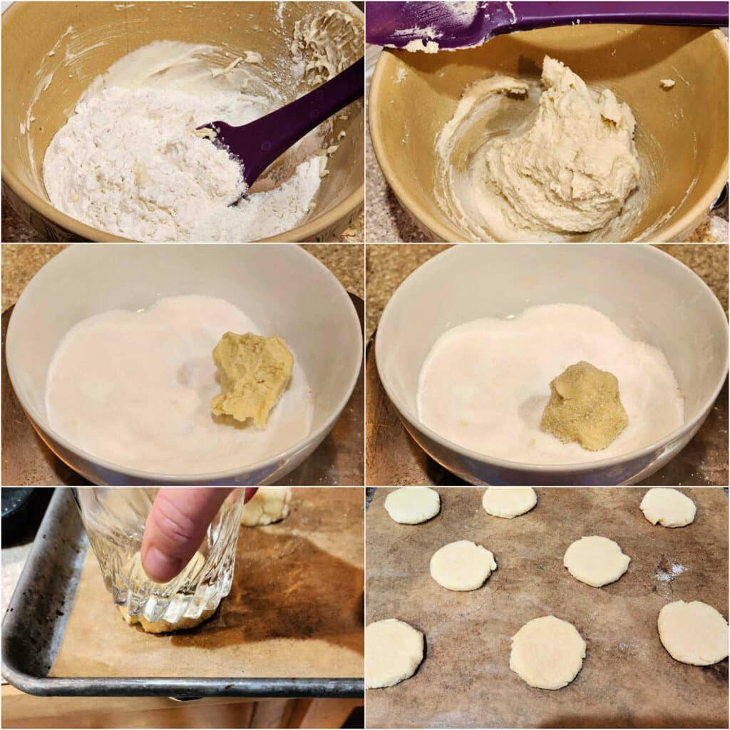 A collage of 6 images showing how to finish making cookie dough and shape the cookies. 1)Stirring in flour to the dough with a purple spatula. 2)The finished dough, which is soft. 3)A portion of the dough in a bowl of salted sugar. 4)The same portion of dough rolled completely in the sugar mixture. 5)Pressing the sugared dough ball flat with a flat-bottomed glass on a parchment-lined baking sheet. 6)Shaped, flattened cookies on a parchment-lined pan ready to be baked.